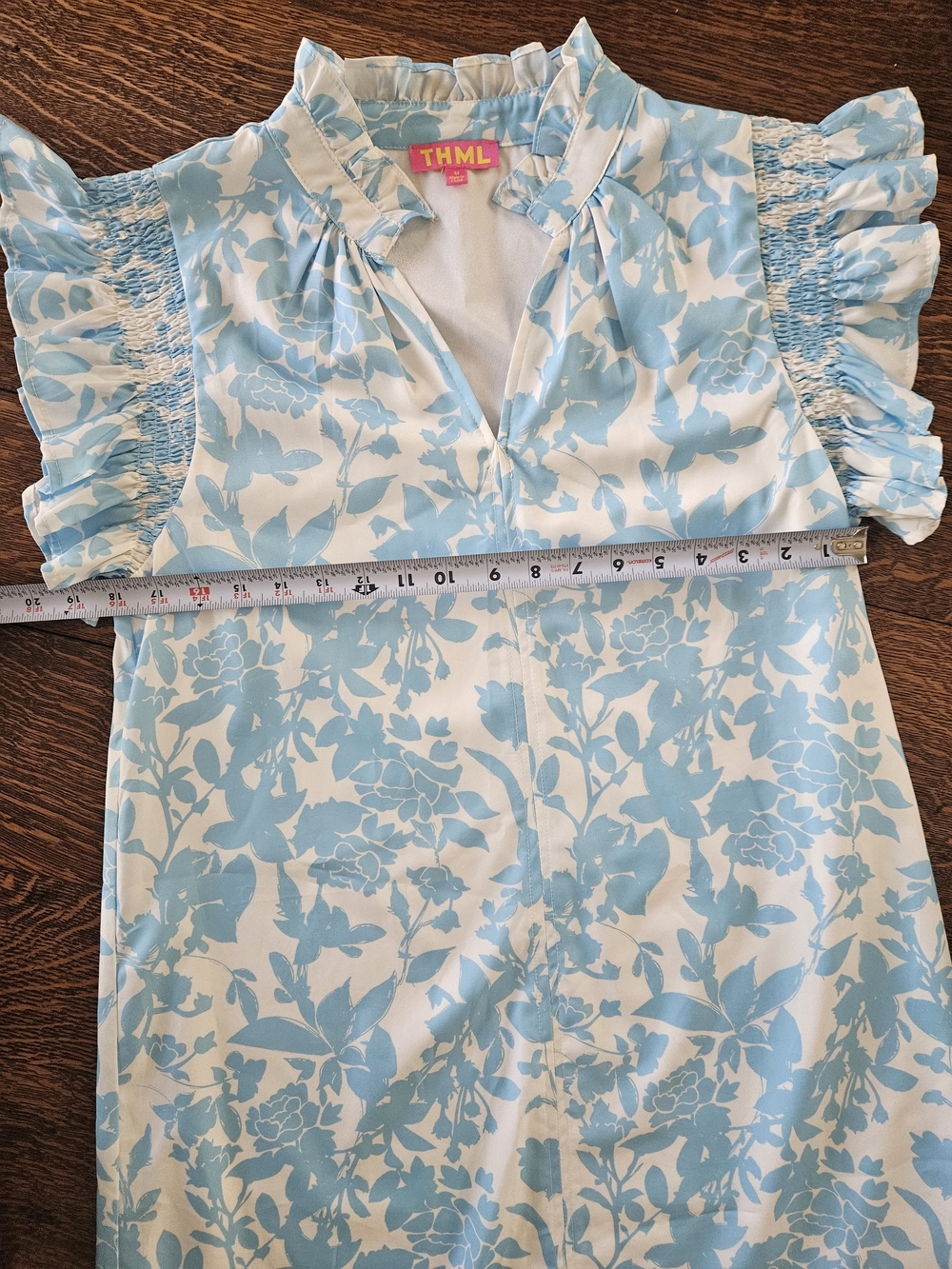 THML Blue & White Floral Ruffle Flutter Sleeve Shift Dress Medium - Picture 3 of 8